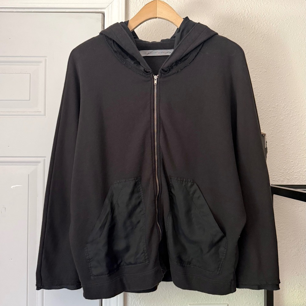 RAQUEL ALLEGRA black contrast pocket satin fray batwing dolman full zip hoodie
